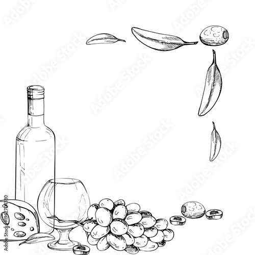 Corner frame with wine still life. Bottle, balloon glass, harvested grapes and cheese, olive leaves and fruit. Isolated ink vector illustration hand drawn for food or drink labels, winery brochures