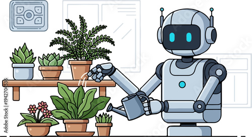 A robot waters houseplants on a shelf, with a window in the background