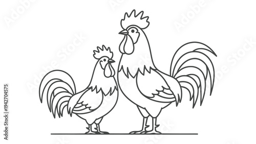 Elegant Rooster Duo: A sleek and minimalist black-and-white line drawing of two proud roosters, showcasing their distinct features. This illustration radiates simplicity and charm.