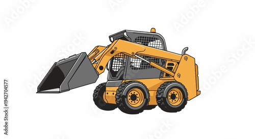 A compact, yellow and gray loader with a wide bucket is depicted