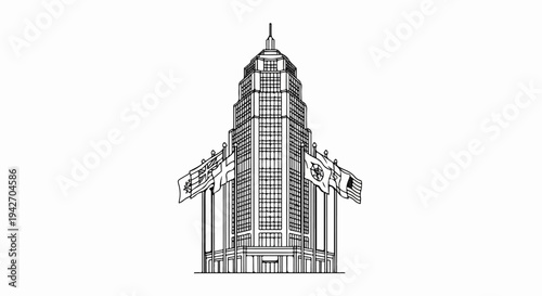 Striking Art Deco skyscraper adorned with numerous fluttering national flags