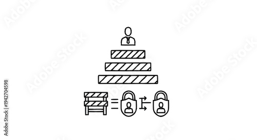 Pyramid structure with person on top and security symbols below.