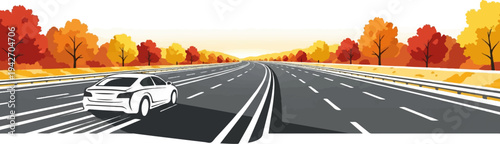 White car drives on a highway lined with autumn trees