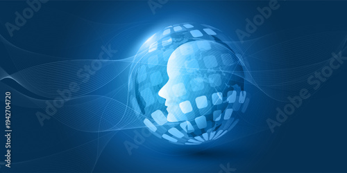 Abstract Dark Blue Agentic AI, Digital Assistant, Artificial Intelligence, Modern Global Artificial Technology Concept - Human Head Silhouette Inside Digital Globe with Network Grid 
