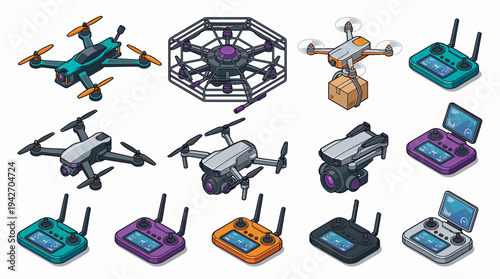 Isometric set of modern professional drones and remote controllers with digital screens on white background, concept for delivery logistics, aerial videography and surveillance technology