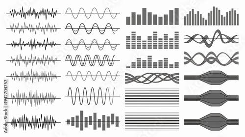 Collection of various grayscale audio sound waves and digital frequency equalizer signal patterns on a white background, concept for music production, audio engineering and podcast editing