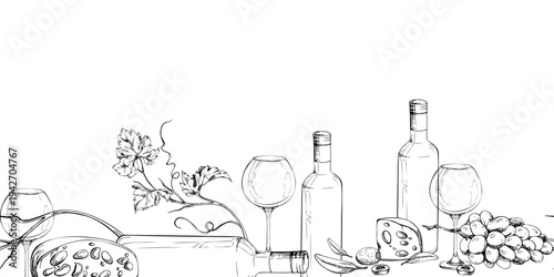 Decorative seamless banner of bottles, balloon glasses, cheese and olive pairing, served grape clusters. Hand drawn ink vector illustration. Menu borders, cookbook chapter dividers, wine promotions.