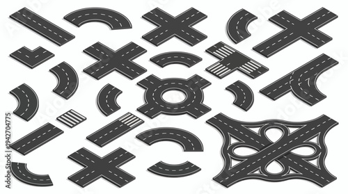 Isometric road elements set with highway interchanges, roundabouts and intersections isolated on white, concept for urban planning, city map construction and traffic flow design