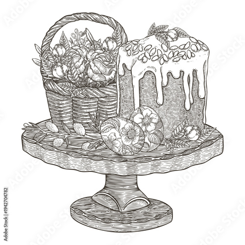 Easter Kulich with rose basket on the cake stand. Vector outline art illustration in vintage sketch style. Festive bakery decorated with flower and almond. Hand drawn design for cooking card template.