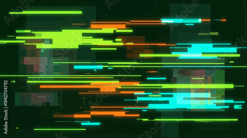 Abstract digital glitch background with horizontal vibrant neon green, cyan and orange light streaks on dark green surface, concept for data visualization, cybersecurity and technology