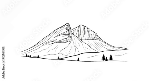 Sketchy outline of twin peaks with scattered trees in rolling hills