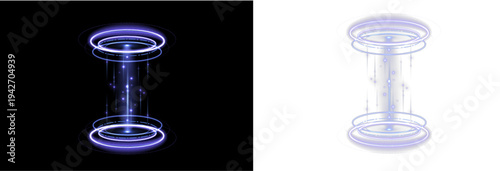 Radiant cyber gateway formed by luminous blue rings and digital light beams. Energy particles spin around the portal frame. Transparent PNG element for futuristic UI and gaming visuals.