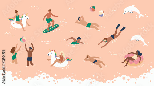 Managers and executives enjoying summer beach activities like surfing and swimming with dolphins during vacation, concept for employee wellness, work life balance and corporate retreat