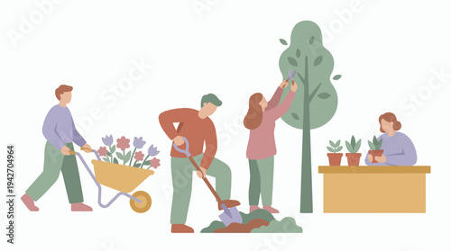 Team leaders and project managers gardening together with flowers and trees during office social program, concept for corporate social responsibility, team building and green environment