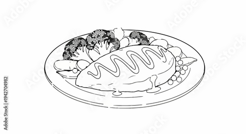 A black and white illustration of a cooked entree with sauce and vegetables