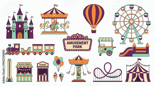 Collection of amusement park and carnival attractions icons featuring ferris wheel, castle, carousel and circus tent, concept for theme park marketing, family vacation and entertainment branding