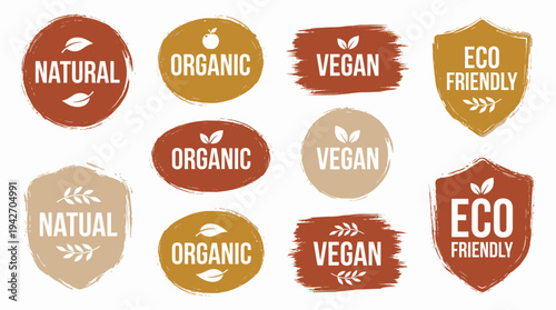 Collection of earth tone organic natural vegan and eco friendly badges with rustic grunge brush stroke texture, concept for product packaging, sustainable marketing and healthy food branding