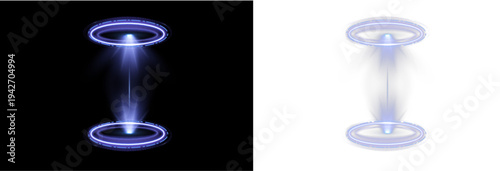 Futuristic blue portal with glowing neon ring and floating energy sparks. Circular hologram effect creates a teleport platform illusion. Transparent PNG for sci-fi interfaces and game scenes.