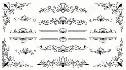 Elegant set of hand drawn lotus floral dividers and ornamental borders with decorative swirls on white background, concept for wedding invitation, luxury branding and spiritual graphics