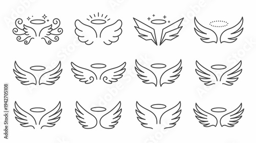 Collection of twelve various minimalist angel wing icons with halos in black line art style on white background, concept for tattoo design, religious emblem and divine branding identity