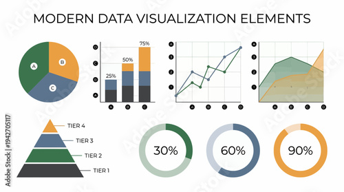 Modern data visualization elements featuring colorful pie charts, bar graphs, line charts and pyramid diagrams, concept for financial reporting, business analytics and advertising