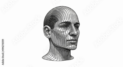 A grayscale digital illustration of a human head with layered, striped contours