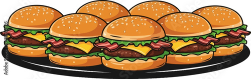 A plate filled with seven delicious, stacked burgers with cheese and bacon