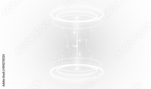 Electric blue teleport circle with glowing holographic platform. Radiant energy beam shines through the center. Transparent PNG element for futuristic designs.