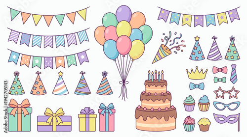 Pastel birthday party element collection featuring colorful bunting, balloons, tiered cake and gift boxes, concept for celebration greeting card, event invitation and kids party decoration