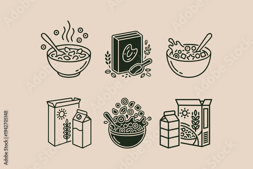 Healthy Breakfast Cereal and Milk Carton Line Illustrations