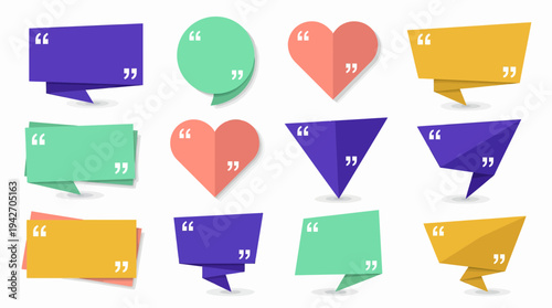 Collection of colorful origami quote bubbles and speech frames with quotation marks on white background, concept for social media marketing, testimonial display and website communication layout