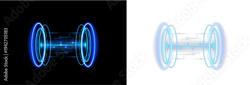 Digital energy portal with bright neon glow and light rings. Radiant beam forms a futuristic teleport stage. Transparent PNG element for gaming interfaces.