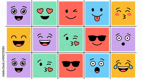 Set of colorful square emoji characters with various facial expressions and emotions on a flat grid layout, concept for digital communication, social media marketing and user feedback interface