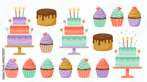 Set of colorful flat vector illustrations featuring tiered birthday cakes with candles, chocolate glazed cakes and assorted cupcakes, concept for party invitation, bakery menu and greeting card
