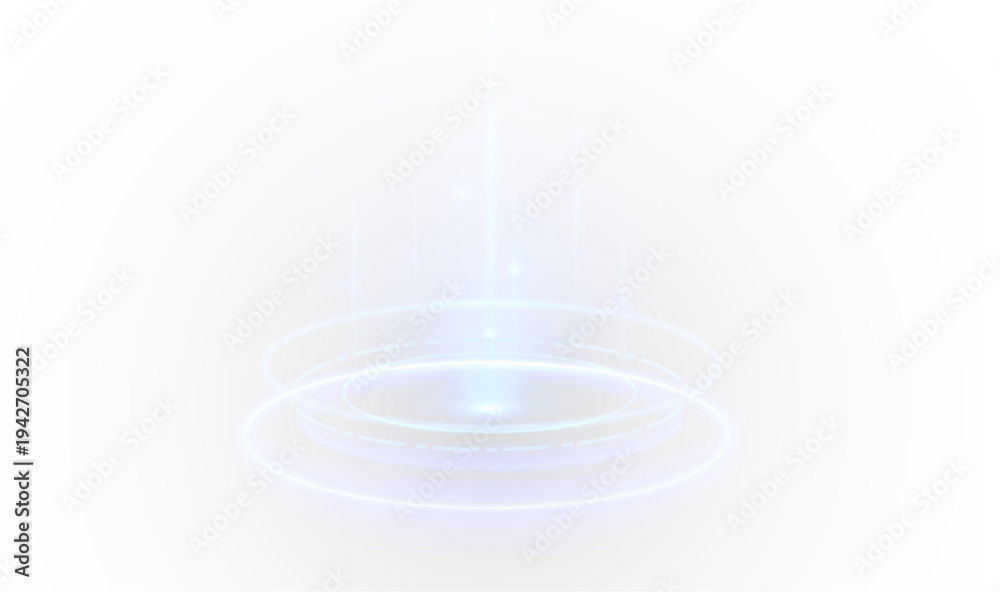 Fototapeta premium Futuristic teleport stage with luminous blue rings and holographic glow. Radiant beam creates a magical sci-fi transport effect. Transparent PNG element for digital game design.