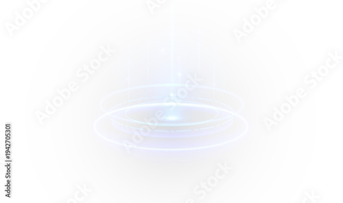 Digital teleport gateway with glowing rings and radiant energy beam. Holographic platform shines with futuristic neon light. Transparent PNG element for game interface effects.