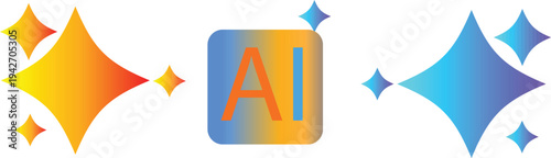 AI Gradient Badge Icon – Modern Rounded App Logo in Vibrant Color Blend. AI stars and sparkles logo icon with colorful flat designs, AI symbols for creative tools and tech apps.