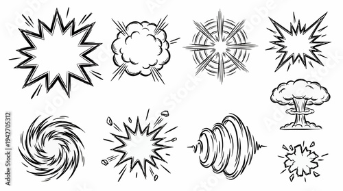 Collection of hand drawn comic book explosion speech bubbles and blast effects with mushroom cloud on white background, concept for manga illustration, pop art design and visual storytelling