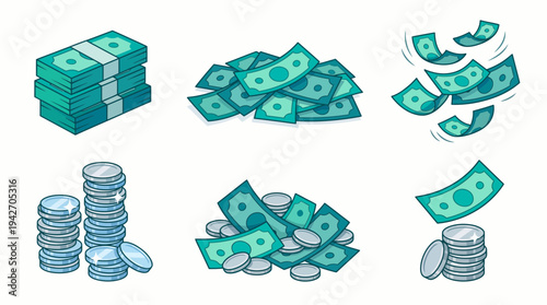 Collection of flat vector money illustrations featuring stacks of banknotes, piles of cash, falling bills and silver coin towers, concept for financial management, banking services and wealth growth