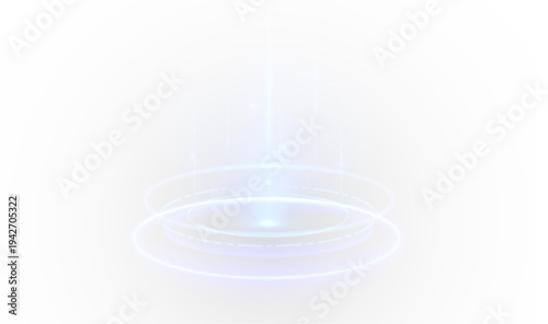 Futuristic teleport stage with luminous blue rings and holographic glow. Radiant beam creates a magical sci-fi transport effect. Transparent PNG element for digital game design.