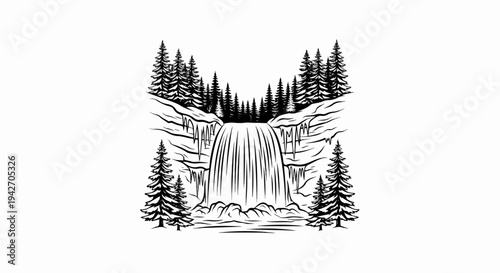 Black and white drawing of a waterfall cascading down rocky cliffs surrounded by pine trees