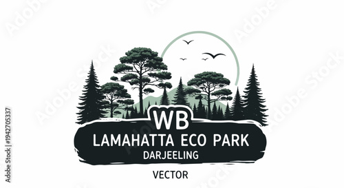 Stylized forest scene with birds, mountains, and park name in bold font