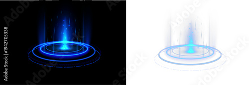 Futuristic energy circle surrounded by bright blue aura. Light beam rises through the portal center. Transparent PNG graphic for cyberpunk visuals.
