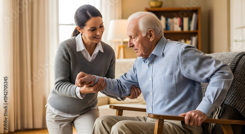 A professional nurse or daughter helps an elderly man rise from a chair in a comfortable living room