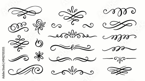 Collection of hand drawn elegant black swirls and ornamental calligraphic dividers on white background, concept for wedding invitations, vintage book design and decorative graphic borders