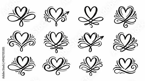 Set of hand drawn black calligraphic heart ornaments with elegant flourishes and brush stroke swirls on white, concept for wedding invitations, romantic greeting cards and graphic design projects