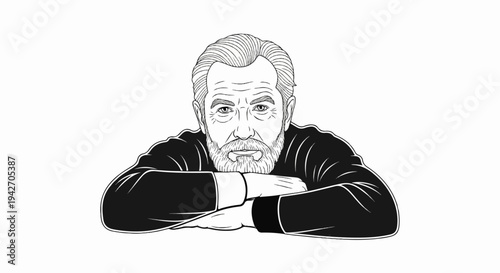 Black and white line drawing of an older man with a beard