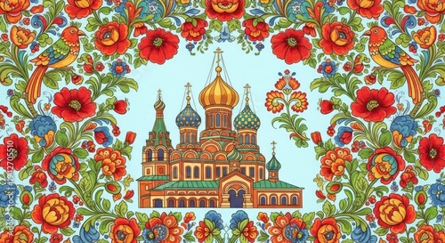 Ornate Russian Folk Art Frame with Poppies and Birds around St. Basils Cathedral.