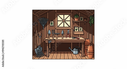 Cozy wooden garden shed filled with tools, pots, and seeds