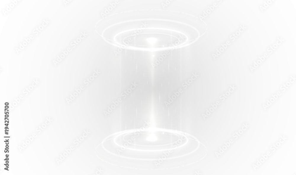 Obraz premium Neon teleport platform surrounded by glowing energy sparks. Blue hologram rings form a sci-fi gateway. Transparent PNG overlay for digital graphics.